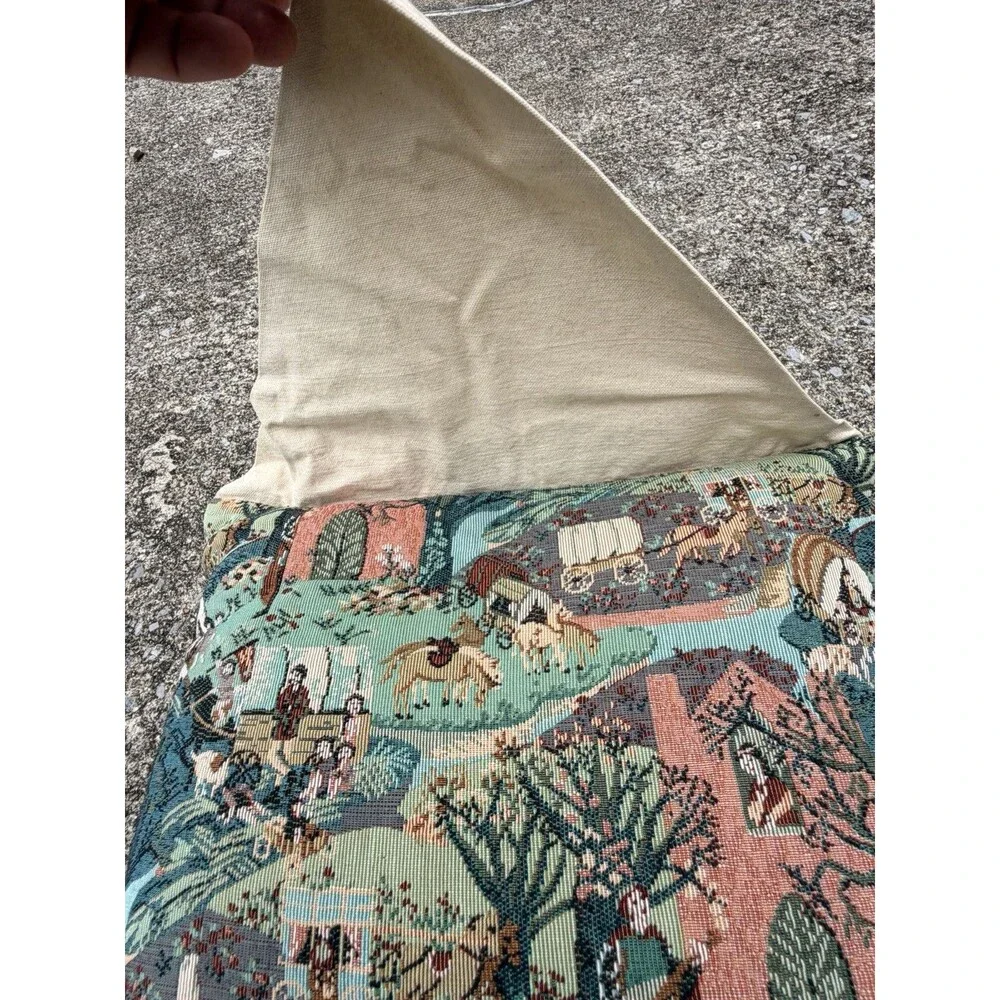 VTG Woven Tapestry Throw Pillow Americana Pioneer Covered Wagon SU